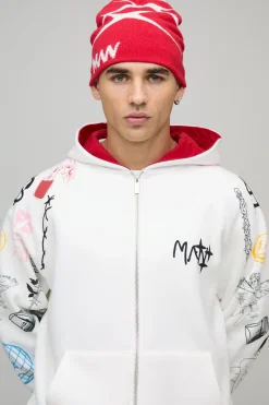 boohooMAN Sweat à Casynthétiqueche Oversize Zippé à Manches Imprimées Doodle<Homme Sweats À Capuche Et Sweatshirts|Sweats À Capuche Et Sweats