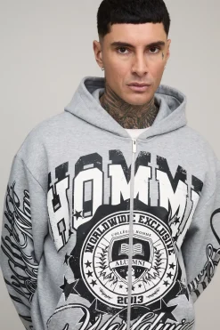 boohooMAN Sweat À Casynthétiqueche Oversize Long Avec Imprimé Varsity Gothique, Coutures Apparentes Et Fermeture Zippée<Homme Tout Afficher|Sweats À Capuche Tall