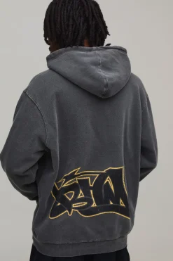 boohooMAN Sweat À Casynthétiqueche Oversize Imprimé Graffiti Effet Délavé Bhm<Homme Sweats À Capuche Et Sweatshirts|Sweats À Capuche Grande Taille