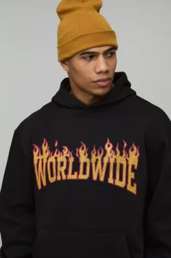 boohooMAN Sweat à Casynthétiqueche Oversize Imprimé Flammes Mondiales<Homme Sweats À Capuche Et Sweatshirts|Sweats À Capuche Et Sweats