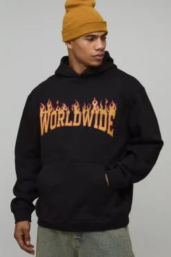 boohooMAN Sweat à Casynthétiqueche Oversize Imprimé Flammes Mondiales<Homme Sweats À Capuche Et Sweatshirts|Sweats À Capuche Et Sweats