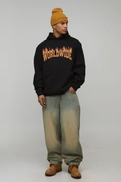 boohooMAN Sweat à Casynthétiqueche Oversize Imprimé Flammes Mondiales<Homme Sweats À Capuche Et Sweatshirts|Sweats À Capuche Et Sweats