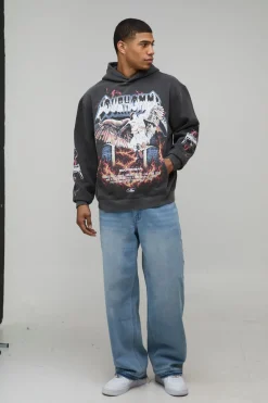 boohooMAN Sweat à Casynthétiqueche Oversize Gothique Imprimé Flammes Délavé<Homme Sweats À Capuche Et Sweatshirts|Sweats À Capuche Et Sweats
