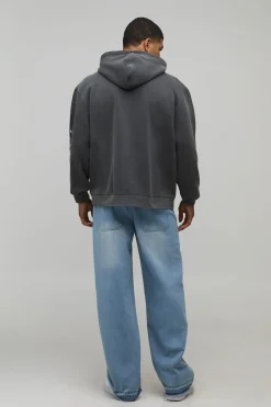 boohooMAN Sweat à Casynthétiqueche Oversize Gothique Imprimé Flammes Délavé<Homme Sweats À Capuche Et Sweatshirts|Sweats À Capuche Et Sweats