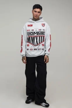 Sweat À Casynthétiqueche Oversize Gris Chiné Avec Imprimé Écusson Moto Tall