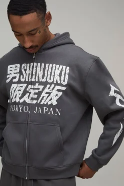 Sweat À Casynthétiqueche Oversize Boxy Anthracite Imprimé Moto Tokyo Avec Fermeture Éclair