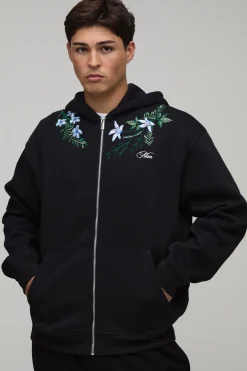 boohooMAN Sweat À Casynthétiqueche Oversize Boxy Zippé Avec Broderie Florale<Homme Sweats À Capuche Et Sweatshirts|Sweats À Capuche Et Sweats