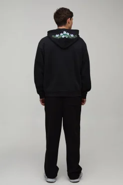 boohooMAN Sweat À Casynthétiqueche Oversize Boxy Zippé Avec Broderie Florale<Homme Sweats À Capuche Et Sweatshirts|Sweats À Capuche Et Sweats