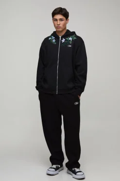 boohooMAN Sweat À Casynthétiqueche Oversize Boxy Zippé Avec Broderie Florale<Homme Sweats À Capuche Et Sweatshirts|Sweats À Capuche Et Sweats