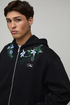 boohooMAN Sweat À Casynthétiqueche Oversize Boxy Zippé Avec Broderie Florale<Homme Sweats À Capuche Et Sweatshirts|Sweats À Capuche Et Sweats