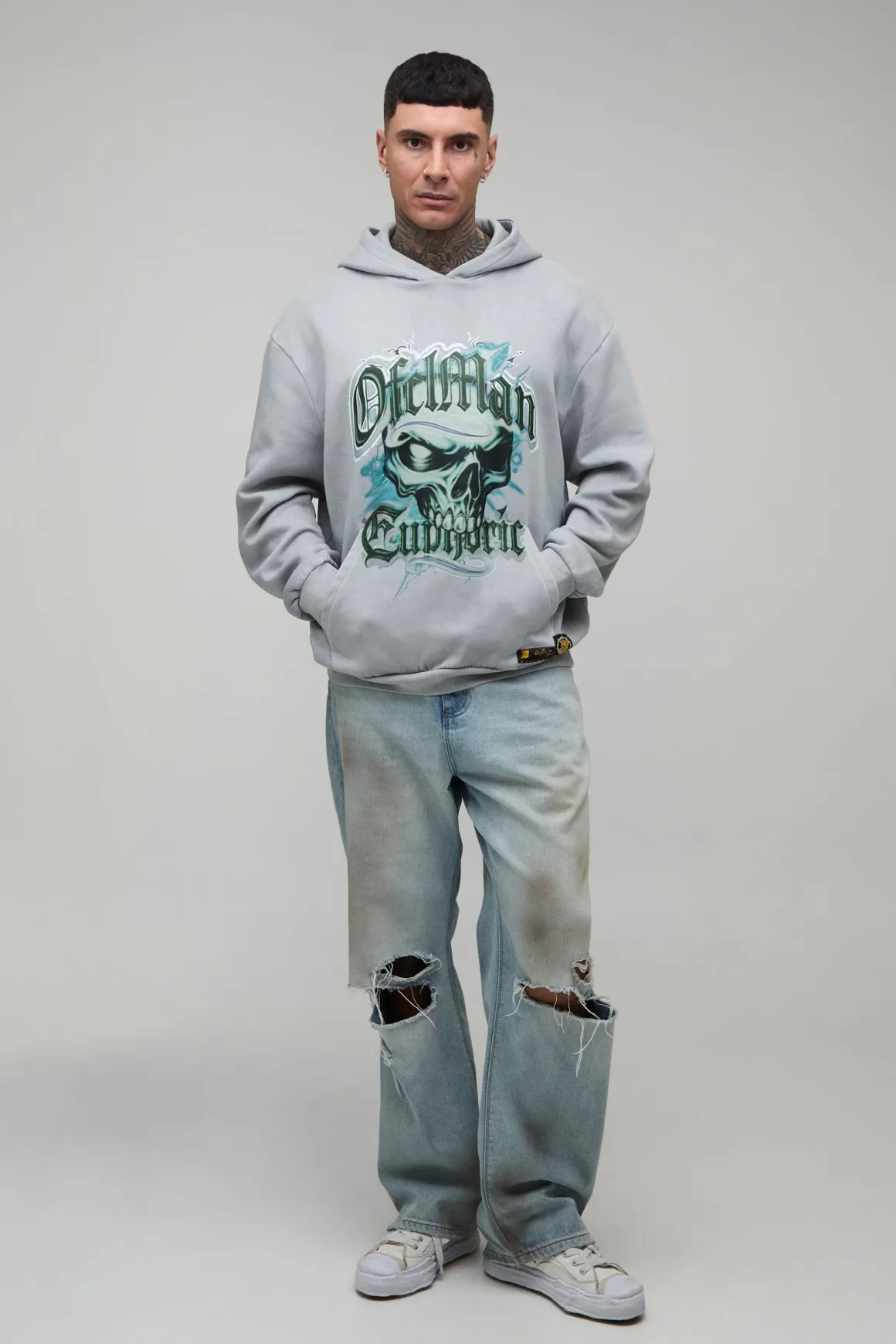 Sweat À Casynthétiqueche Oversize Délavé Avec Imprimé Tête De Mort Euphoric Pour Grande Taille