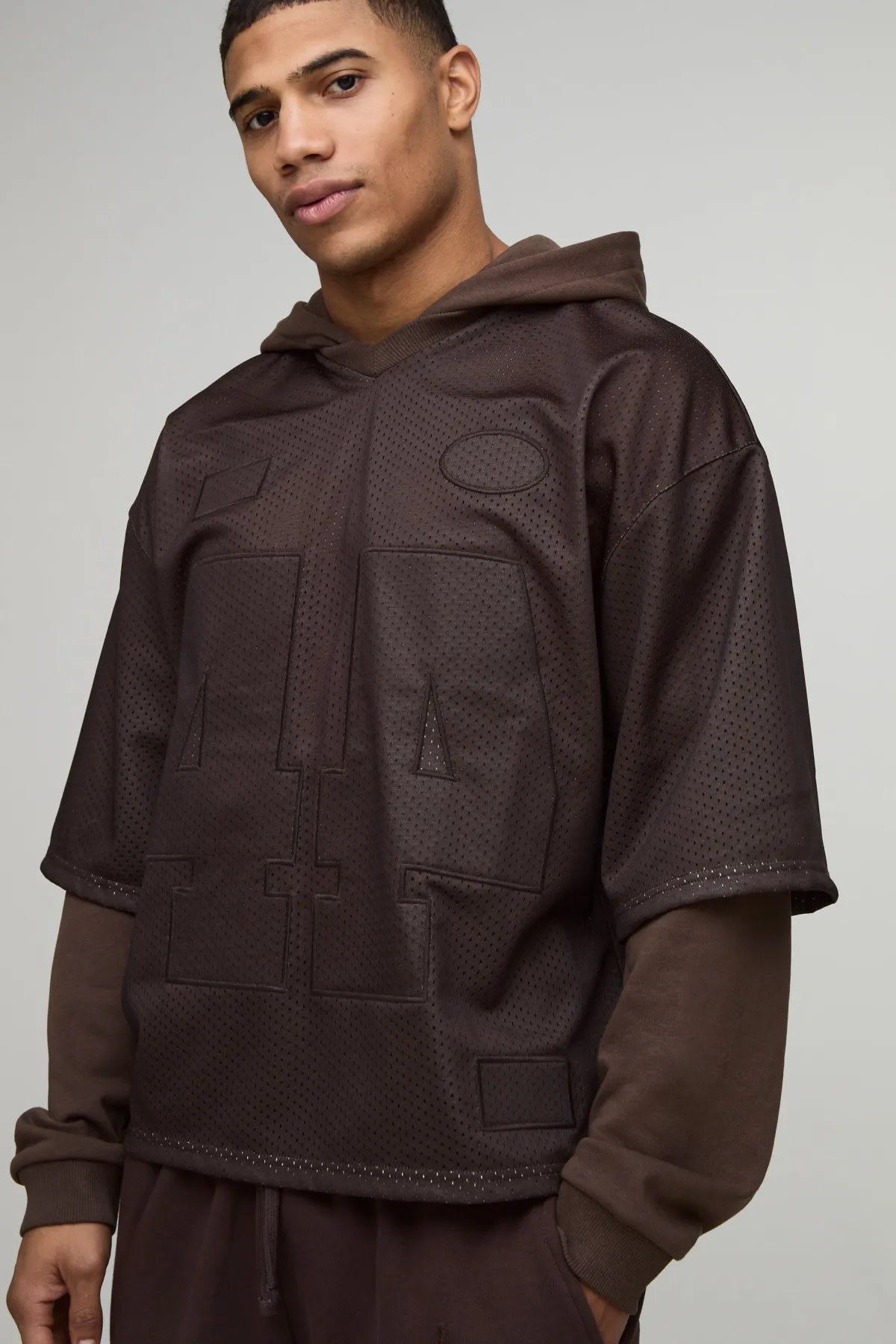 boohooMAN Sweat à Casynthétiqueche Oversize Style Varsity avec Appliqué et Fausse Superposition Mesh Hockey<Homme Sweats À Capuche Et Sweatshirts|Sweats À Capuche Et Sweats