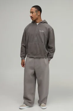 Sweat À Casynthétiqueche Oversize Boxy Taupe Délavé Imprimé Moteur Avec Fermeture Éclair
