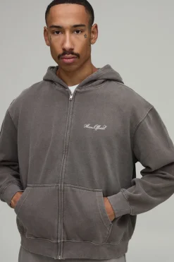 Sweat À Casynthétiqueche Oversize Boxy Taupe Délavé Imprimé Moteur Avec Fermeture Éclair