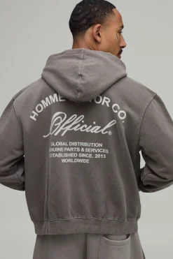 Sweat À Casynthétiqueche Oversize Boxy Taupe Délavé Imprimé Moteur Avec Fermeture Éclair