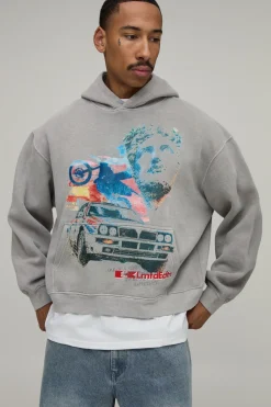 boohooMAN Sweat À Casynthétiqueche Oversize Boxy Graphique Moto Effet Délavé<Homme Sweats À Capuche Et Sweatshirts|Sweats À Capuche Et Sweats