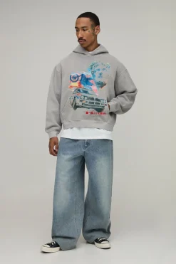 boohooMAN Sweat À Casynthétiqueche Oversize Boxy Graphique Moto Effet Délavé<Homme Sweats À Capuche Et Sweatshirts|Sweats À Capuche Et Sweats