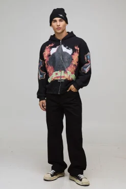 Sweat à Casynthétiqueche Oversize Boxy Délavage Acide Graphique Gothique avec Fermeture Éclair