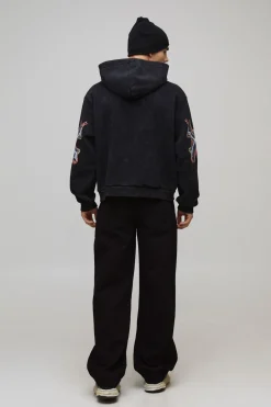 Sweat à Casynthétiqueche Oversize Boxy Délavage Acide Graphique Gothique avec Fermeture Éclair