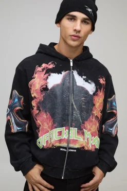 Sweat à Casynthétiqueche Oversize Boxy Délavage Acide Graphique Gothique avec Fermeture Éclair