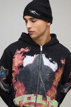 Sweat à Casynthétiqueche Oversize Boxy Délavage Acide Graphique Gothique avec Fermeture Éclair
