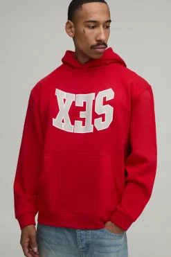 Sweat À Casynthétiqueche Oversize Rouge Avec Imprimé Slogan Varsity