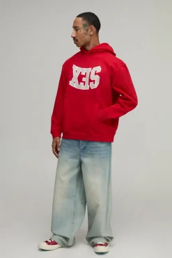 Sweat À Casynthétiqueche Oversize Rouge Avec Imprimé Slogan Varsity