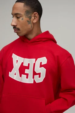 Sweat À Casynthétiqueche Oversize Rouge Avec Imprimé Slogan Varsity