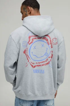 boohooMAN Sweat À Casynthétiqueche Oversize Imprimé Smiley Nirvana Sous Licence Officielle<Homme Sweats À Capuche Et Sweatshirts|Sweats À Capuche Et Sweats