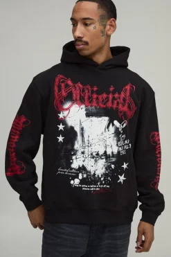 boohooMAN Sweat À Casynthétiqueche Oversize Imprimé Gothique<Homme Sweats À Capuche Et Sweatshirts|Sweats À Capuche Et Sweats