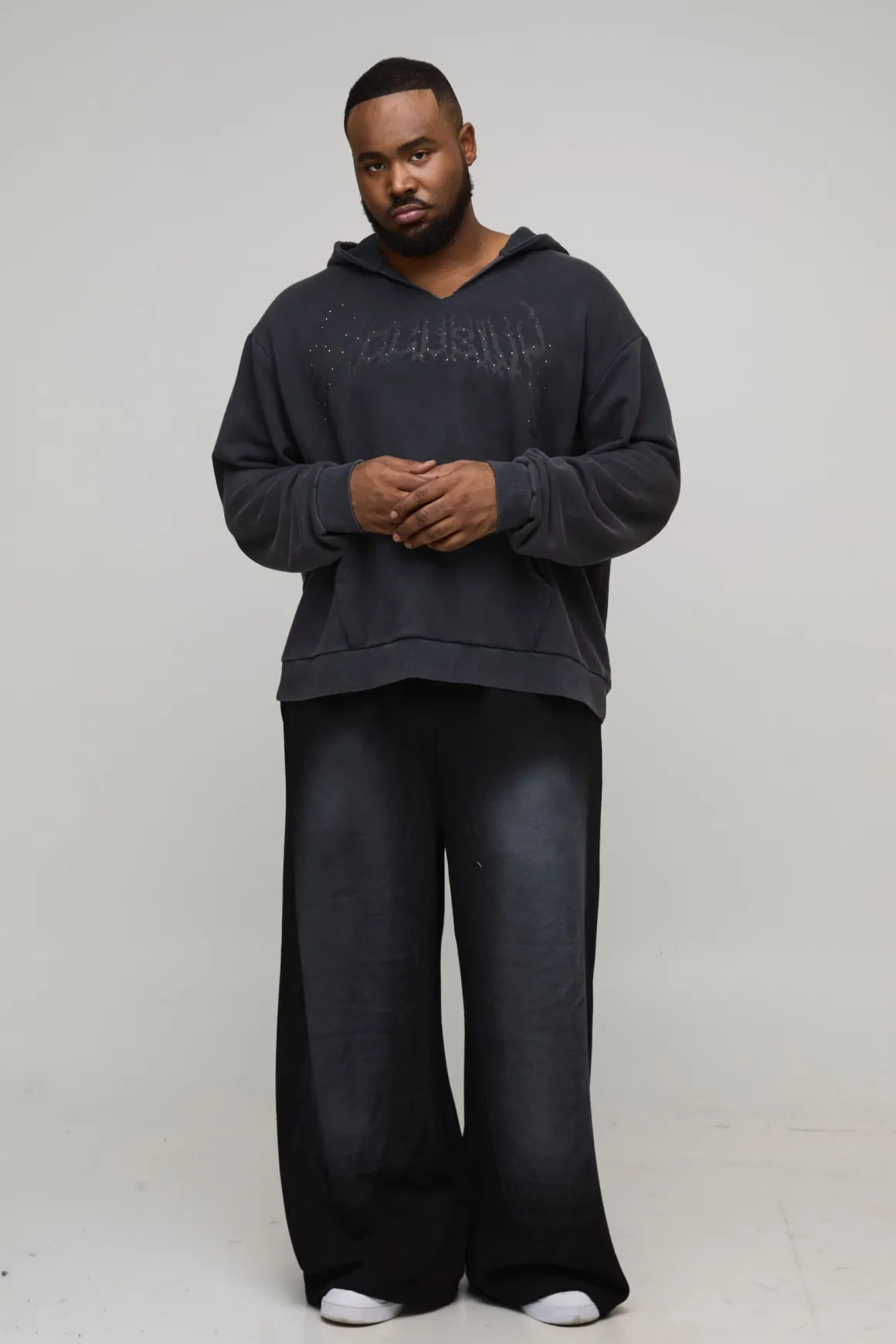 Sweat à Casynthétiqueche Oversize Boxy Exclusif Slogan Gothique Col V Ourlet Brut Imprimé Délavé Plus