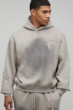 Sweat à Casynthétiqueche Oversize Boxy avec Effet Spray et Applique Croix