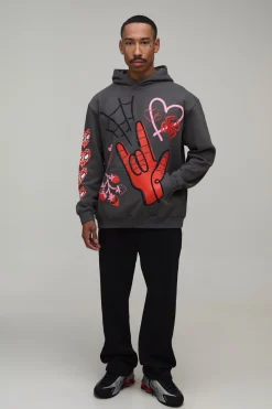 Sweat À Casynthétiqueche Oversize Noir Avec Imprimé Mont Fuji