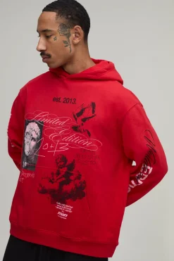 boohooMAN Sweat À Casynthétiqueche Rouge Oversize À Imprimé Graffiti Renaissance Effet Spray<Homme Sweats À Capuche Et Sweatshirts|Sweats À Capuche Et Sweats