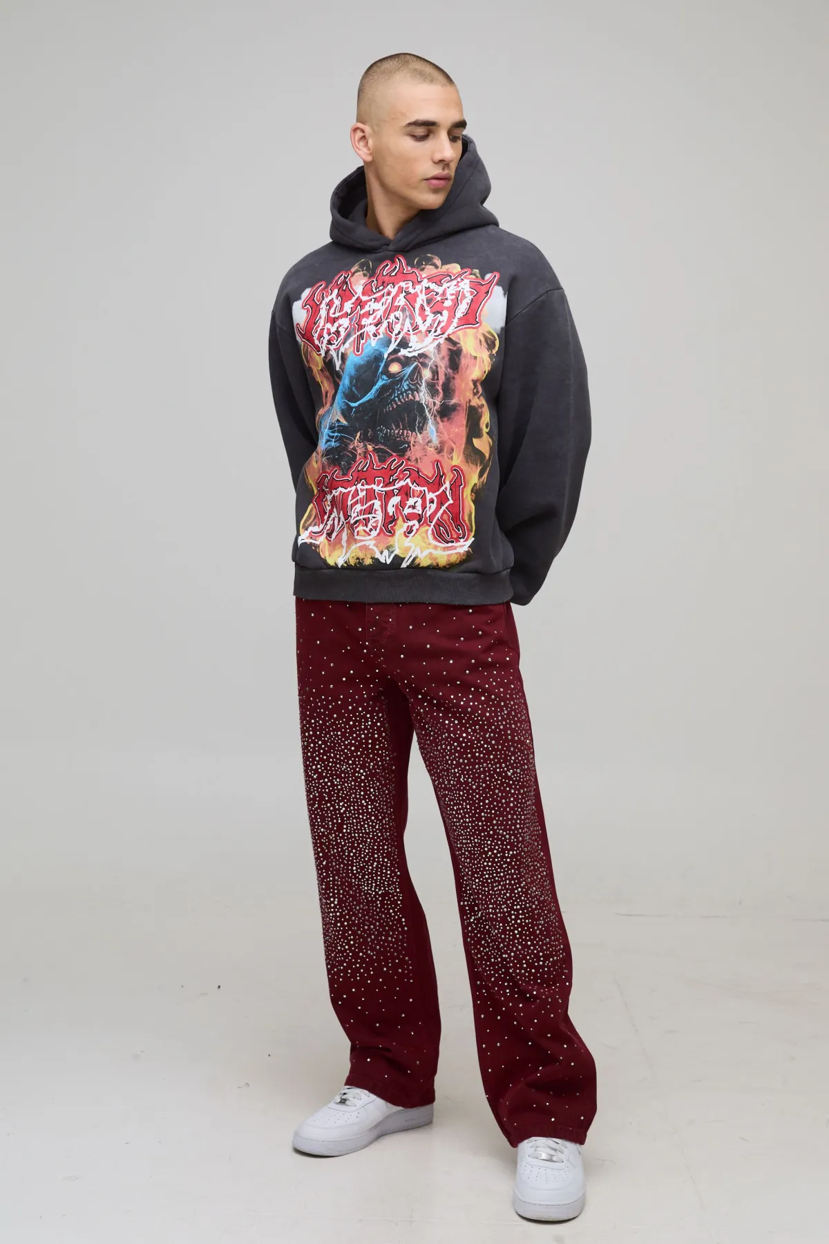boohooMAN Sweat à Casynthétiqueche Surdimensionné Boxy Délavé à l'Acide avec Graphique Heavy Metal Vieilli<Homme Sweats À Capuche Et Sweatshirts|Sweats À Capuche Et Sweats