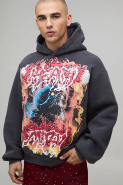 boohooMAN Sweat à Casynthétiqueche Surdimensionné Boxy Délavé à l'Acide avec Graphique Heavy Metal Vieilli<Homme Sweats À Capuche Et Sweatshirts|Sweats À Capuche Et Sweats