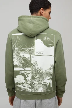 Sweat à Casynthétiqueche Vert Délavé Regular avec Imprimé Kyoto au Dos