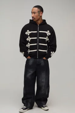 boohooMAN Sweat À Casynthétiqueche Zippé Brodé Coupe Boxy Oversize<Homme Sweats À Capuche Et Sweatshirts|Sweats À Capuche Et Sweats