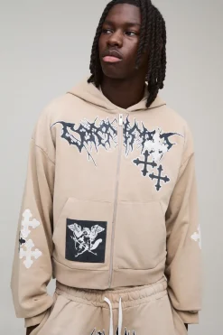 boohooMAN Sweat à Casynthétiqueche Zippé Coupe Ajustée avec Appliqué Croix Effet Délavé<Homme Sweats À Capuche Et Sweatshirts|Sweats À Capuche Et Sweats