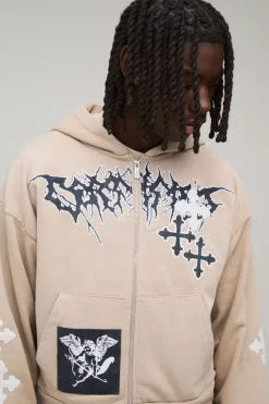 boohooMAN Sweat à Casynthétiqueche Zippé Coupe Ajustée avec Appliqué Croix Effet Délavé<Homme Sweats À Capuche Et Sweatshirts|Sweats À Capuche Et Sweats