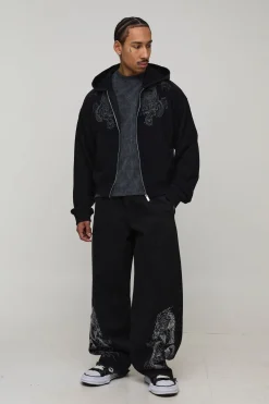 boohooMAN Sweat à Casynthétiqueche Zippé Coupe Ajustée Motif Dragon Effet Délavé<Homme Sweats À Capuche Et Sweatshirts|Sweats À Capuche Et Sweats