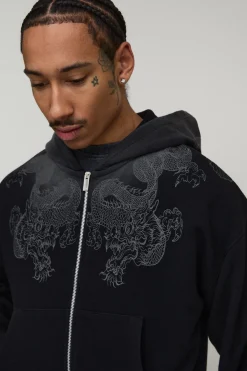boohooMAN Sweat à Casynthétiqueche Zippé Coupe Ajustée Motif Dragon Effet Délavé<Homme Sweats À Capuche Et Sweatshirts|Sweats À Capuche Et Sweats