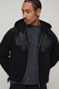 boohooMAN Sweat à Casynthétiqueche Zippé Coupe Ajustée Motif Dragon Effet Délavé<Homme Sweats À Capuche Et Sweatshirts|Sweats À Capuche Et Sweats