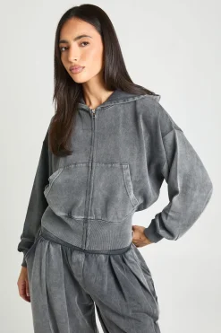 Sweat À Casynthétiqueche Zippé Délavé À Ourlet Profond