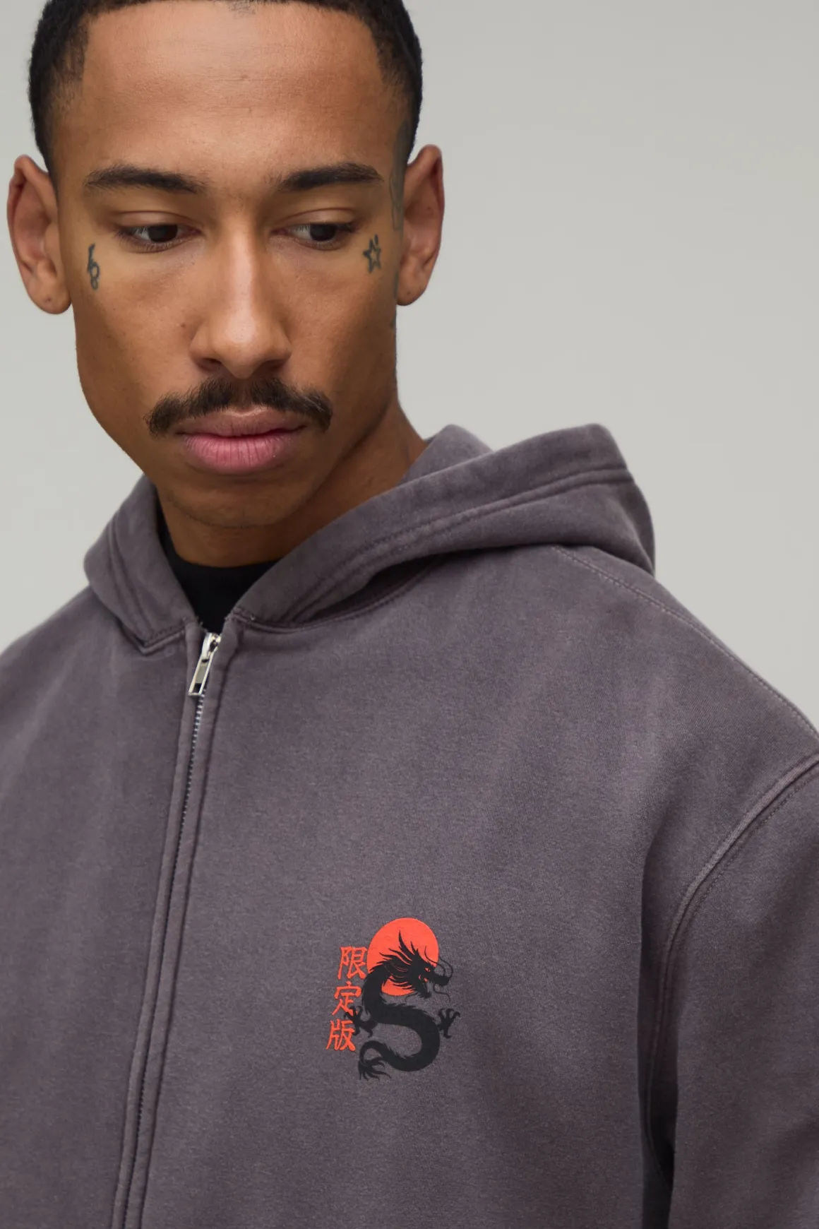Sweat À Casynthétiqueche Zippé Dragon Oversize Délavé Coupe Ample