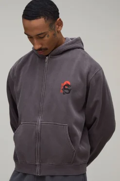 Sweat À Casynthétiqueche Zippé Dragon Oversize Délavé Coupe Ample