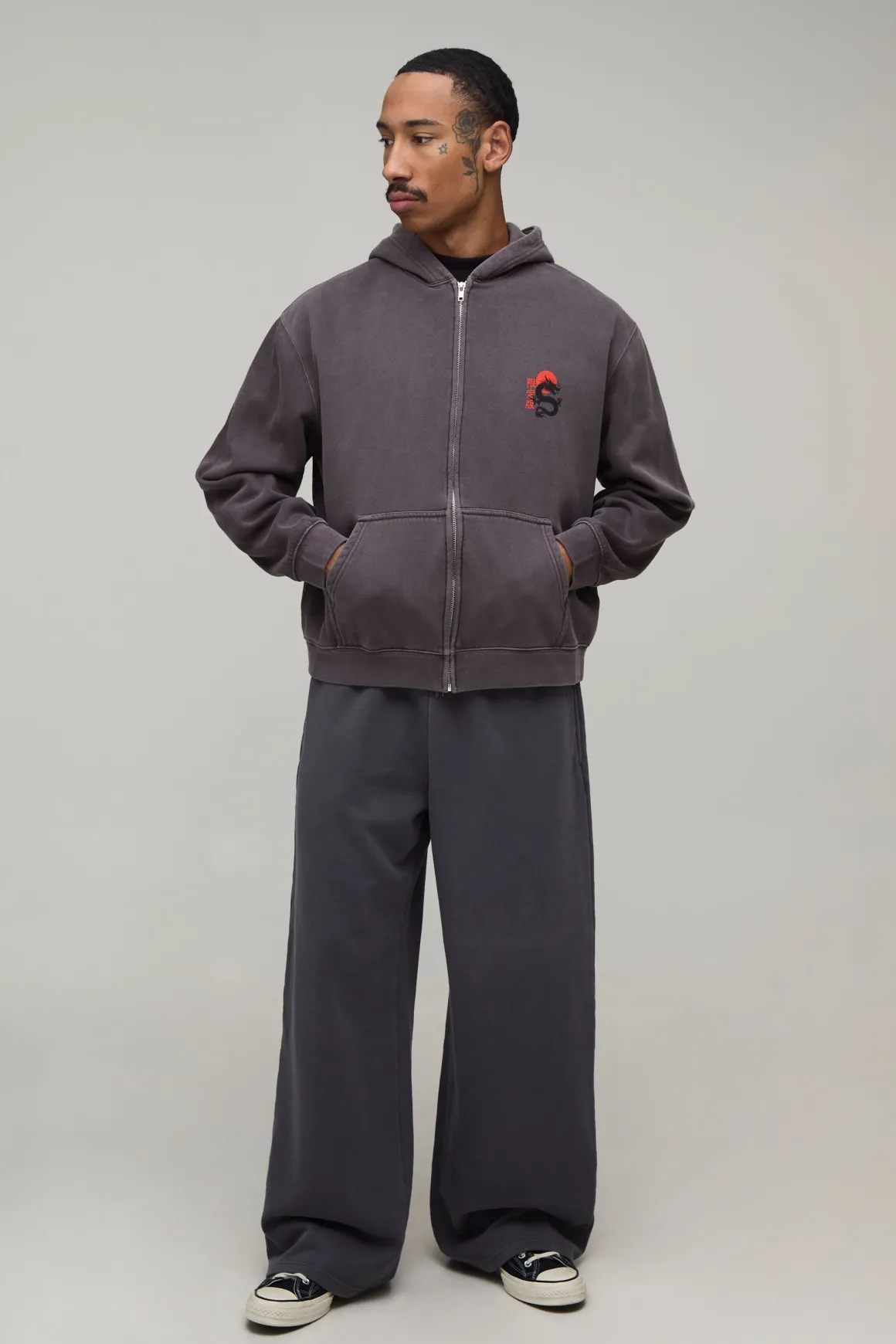 Sweat À Casynthétiqueche Zippé Dragon Oversize Délavé Coupe Ample