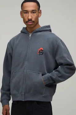 Sweat À Casynthétiqueche Zippé Dragon Oversize Effet Délavé