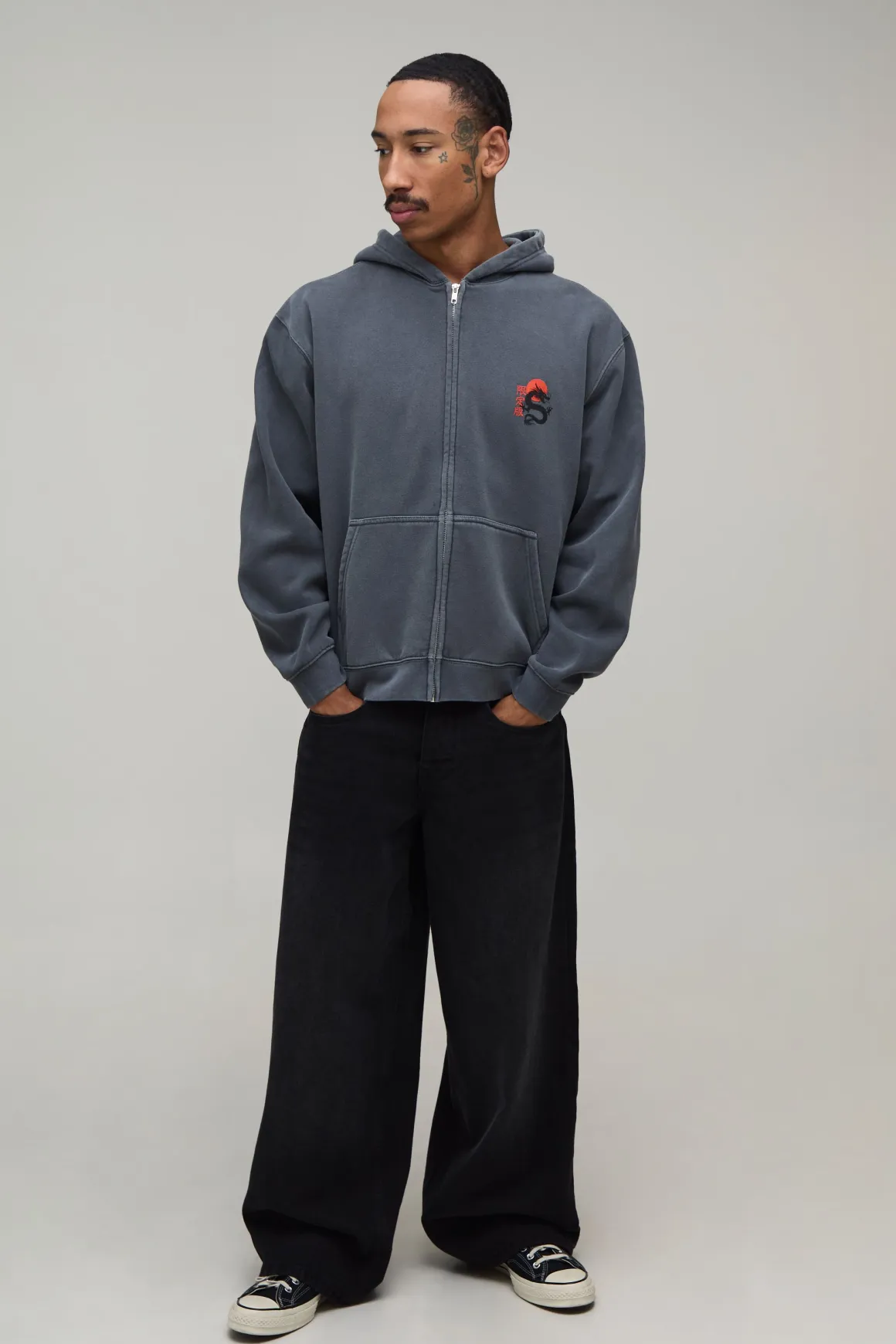 Sweat À Casynthétiqueche Zippé Dragon Oversize Effet Délavé