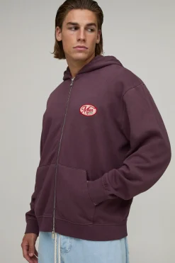 boohooMAN Sweat À Casynthétiqueche Zippé Délavé Homme Surdimensionné Avec Appliqué Man<Homme Sweats À Capuche Et Sweatshirts|Sweats À Capuche Et Sweats